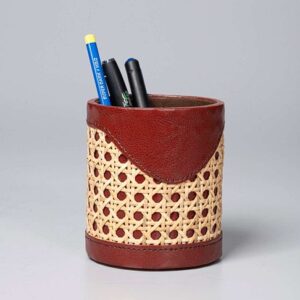 Pen Stand – Handcrafted Cane & Leather (Round)