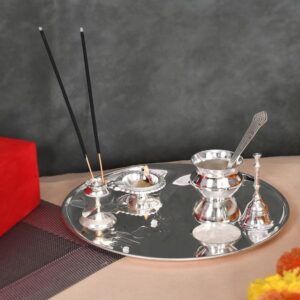 Silver Plated Stainless Steel Pooja Thali with Brass Accessories