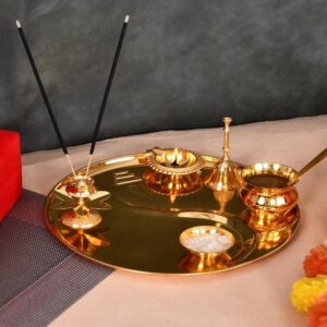 Gold Plated Stainless Steel Pooja Thali with Brass Accessories