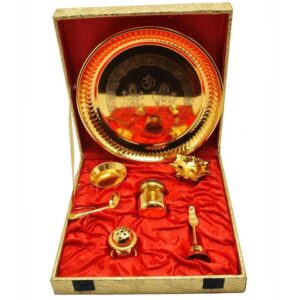 Gold Plated Steel Pooja Thali Set - 8.5" Diameter