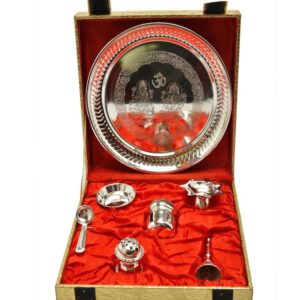 Silver Plated Steel Pooja Thali Set - 12" Diameter