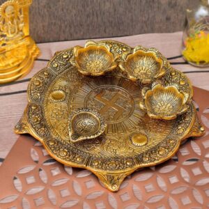 Oxidized Gold Plated Aluminum Pooja Thali - 3 Bowls + 1 Diya