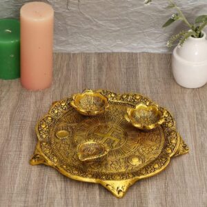 Oxidized Gold Plated Aluminum Pooja Thali - 7.5" (3 Bowls + 1 Diya)