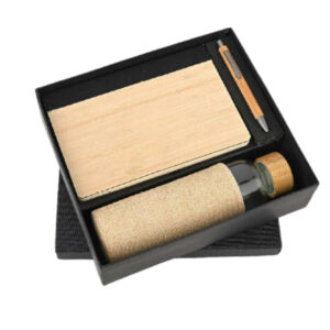 Wooden Diary, Pen & Glass Bottle with Jute Cover