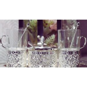 Two Glass + Sugar Pot + Tray with 2 Spoons